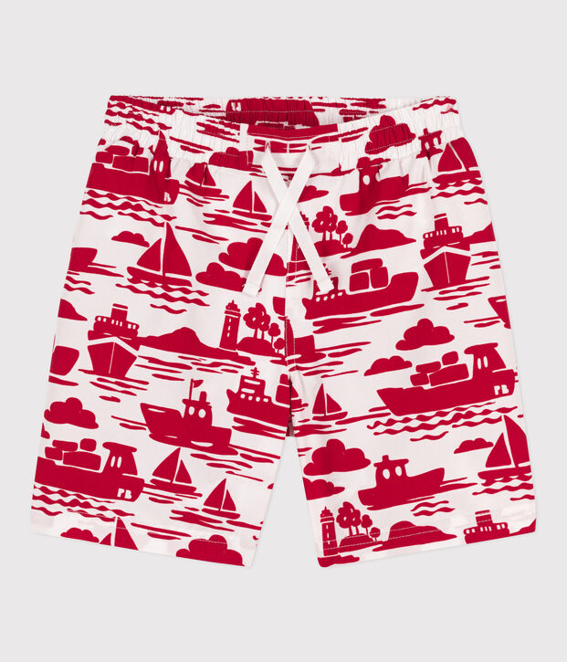 Short de bain recycl&eacute; imprim&eacute; enfant gar&ccedil;on &eacute;cru/rouge