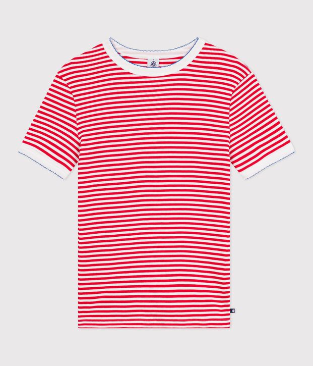 Tee-shirt femme en coton manches courtes &agrave; rayures rouge/blanc