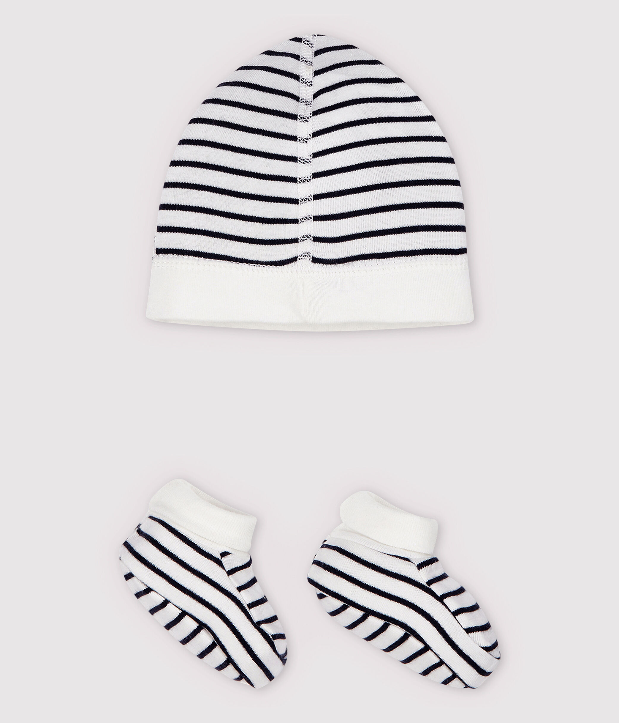 Lot bonnet naissance et chaussons à rayures bébé en coton