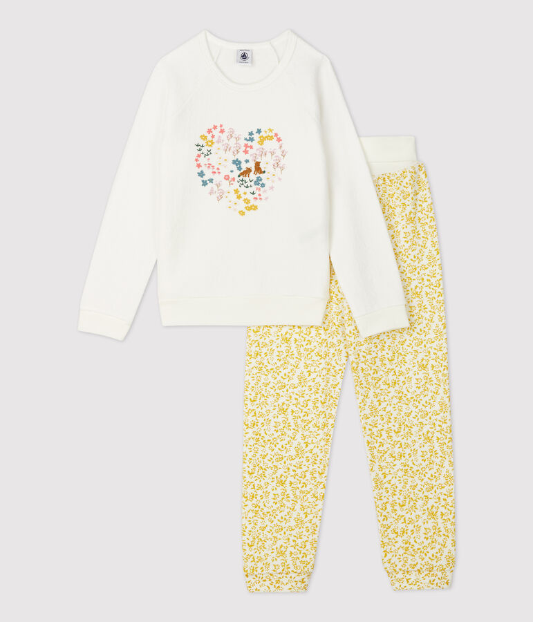 Pyjama fleuri petite fille en bouclette &eacute;ponge gratt&eacute;e jaune OCRE/blanc MARSHMALLOW