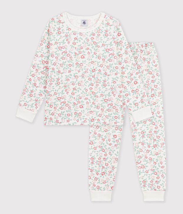 Pyjama enfant en molleton &agrave; fleurs blanc/multicouleur