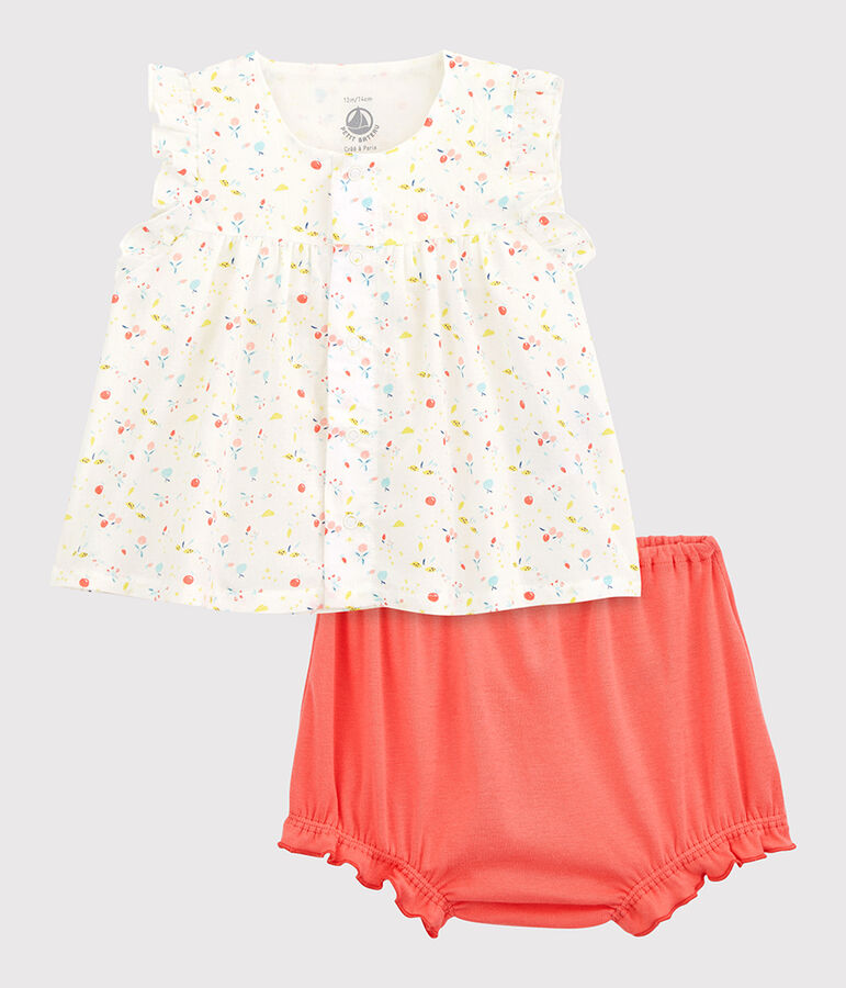 Ensemble 2 pi&egrave;ces fleuri b&eacute;b&eacute; fille en cha&icirc;ne et trame et  coton biologique blanc MARSHMALLOW/blanc MULTICO