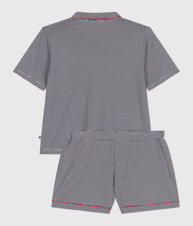 Pyjama short femme en coton boutonn&eacute; &agrave; rayures bleu/blanc