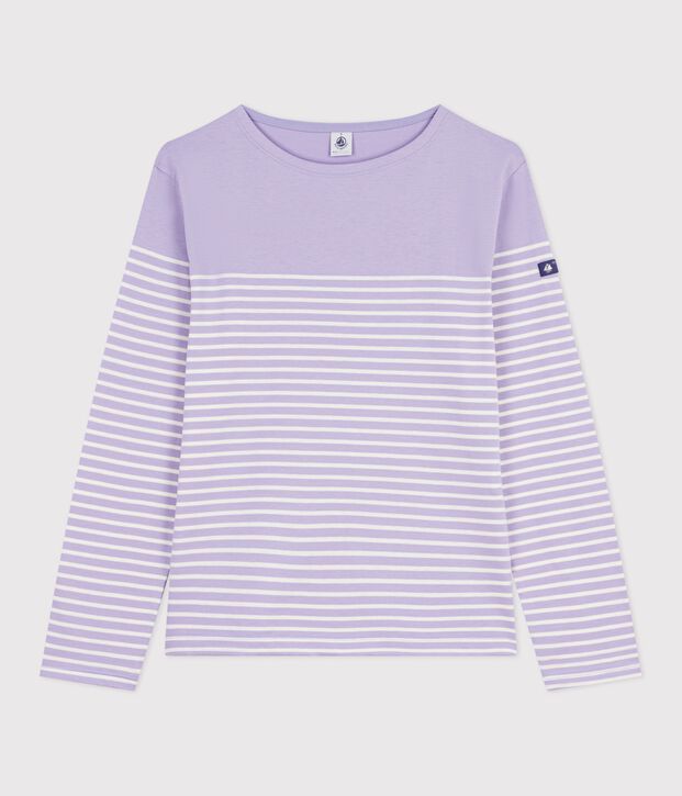 Tee-shirt marini&egrave;re femme en coton violet/&eacute;cru