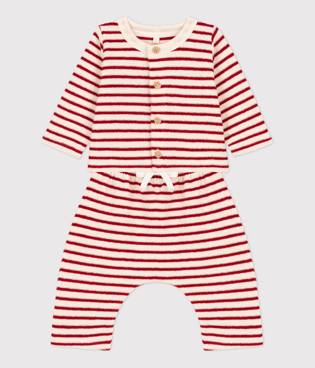 Ensemble b&eacute;b&eacute; 2 pi&egrave;ces ray&eacute; en bouclette &eacute;ponge &eacute;cru/rouge