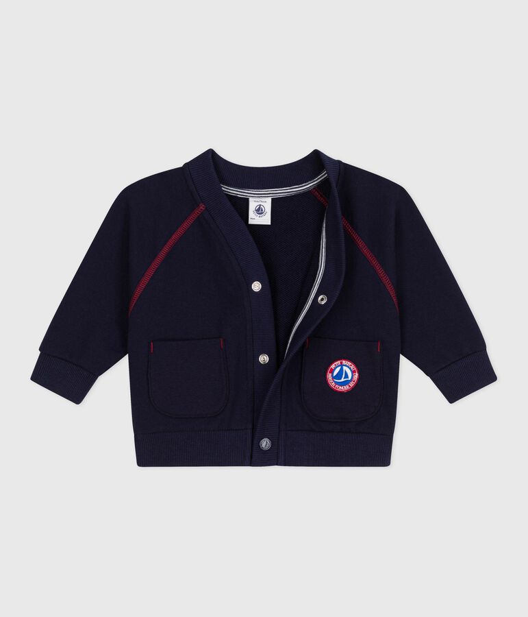 Cardigan b&eacute;b&eacute; en coton uni, coutures contrast&eacute;es bleu SOIR