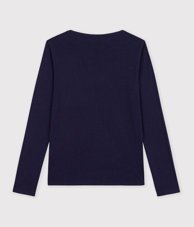 Tee-shirt femme col amiral en coton manches longues bleu marine