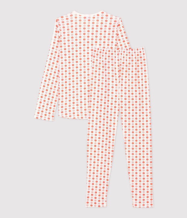 Pyjama imprim&eacute; fleurs graphiques fille en coton biologique blanc/rouge