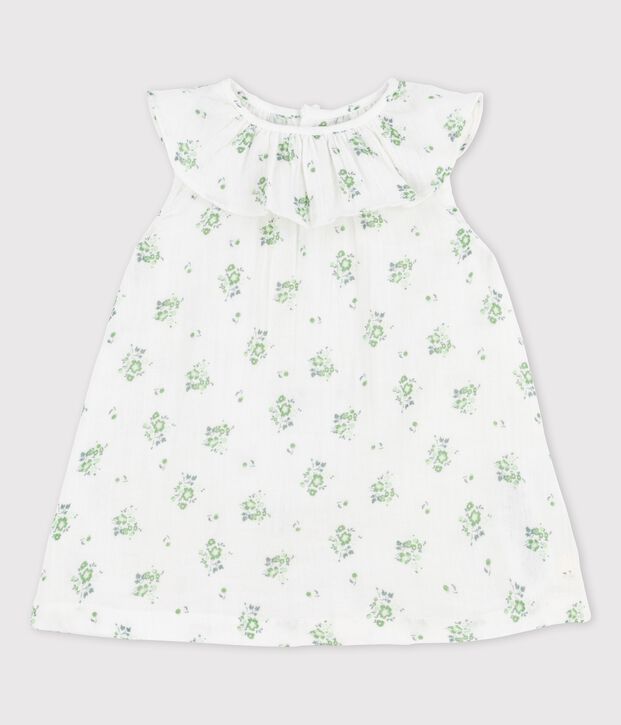 Robe manches courtes imprim&eacute; fleuri en gaze de coton bio b&eacute;b&eacute; blanc/multicouleur