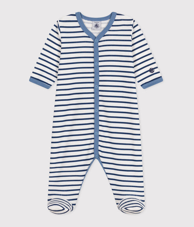 Pyjama b&eacute;b&eacute; en coton ray&eacute; blanc/bleu/multicouleur
