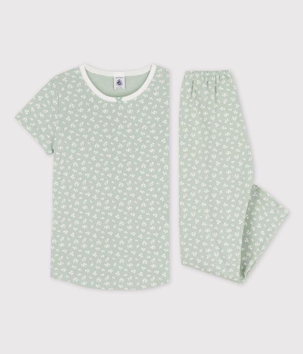 Pyjama manches courtes fleuri petite fille en coton vert/blanc