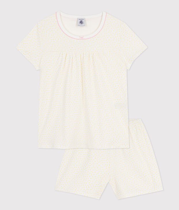 Pyjama short enfant en coton &agrave; fronces imprim&eacute; pois jaune/blanc