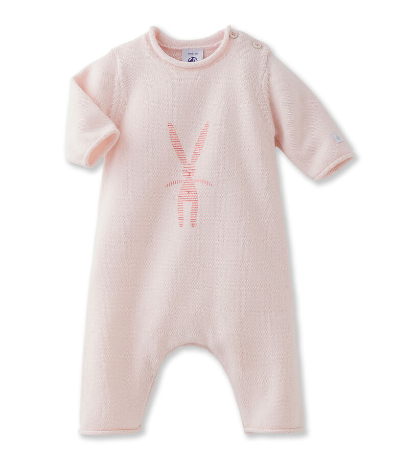 Combinaison longue b&eacute;b&eacute; mixte en tricot laine et coton &agrave; lapin rose FLEUR