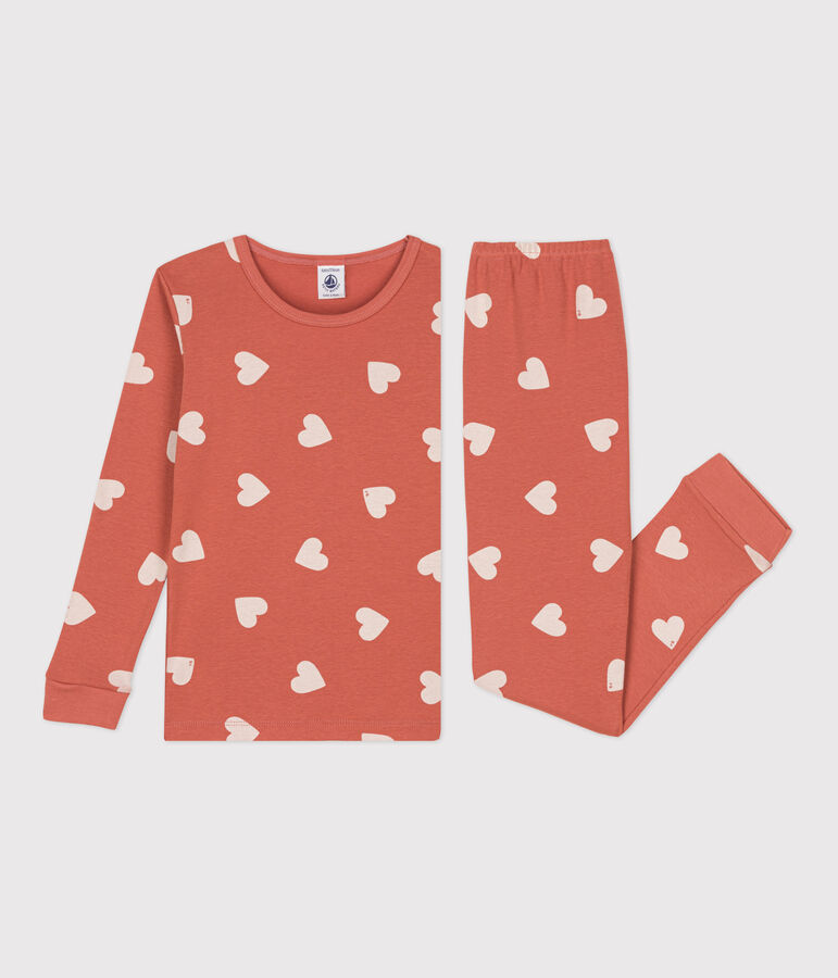 Pyjama ajust&eacute; c&oelig;ur en coton enfant rose/blanc