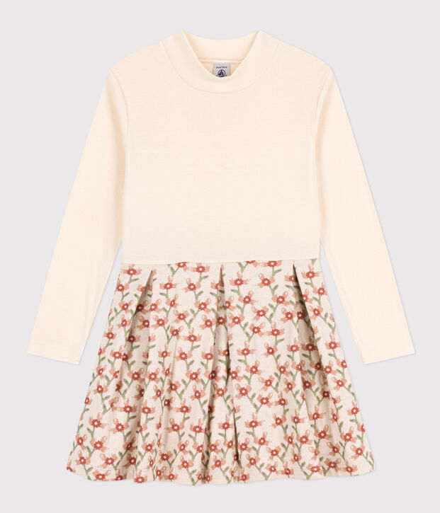 Robe manches longues imprim&eacute;e enfant fille &eacute;cru/multicouleur