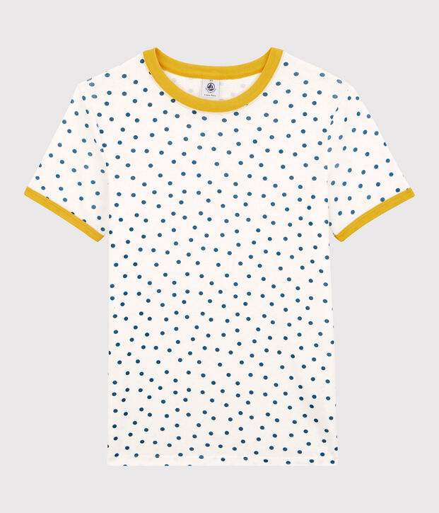 T-shirt col rond &agrave; pois en coton  Femme blanc/bleu
