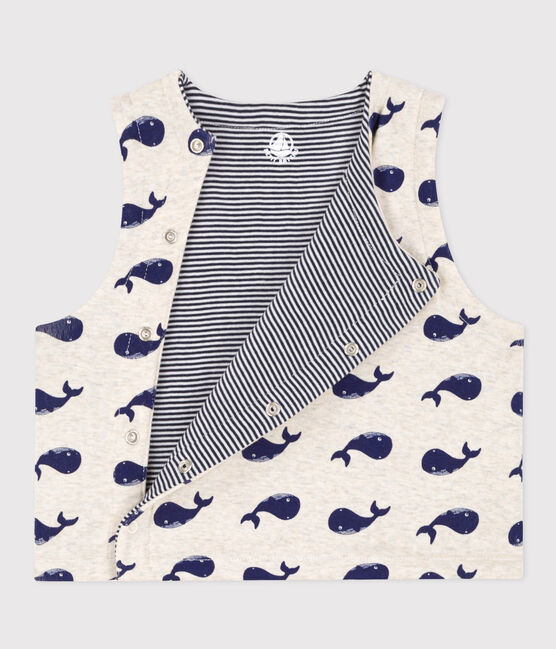 Gilet sans manche bébé baleines reversible en coton beige MONTELIMAR/bleu MEDIEVAL