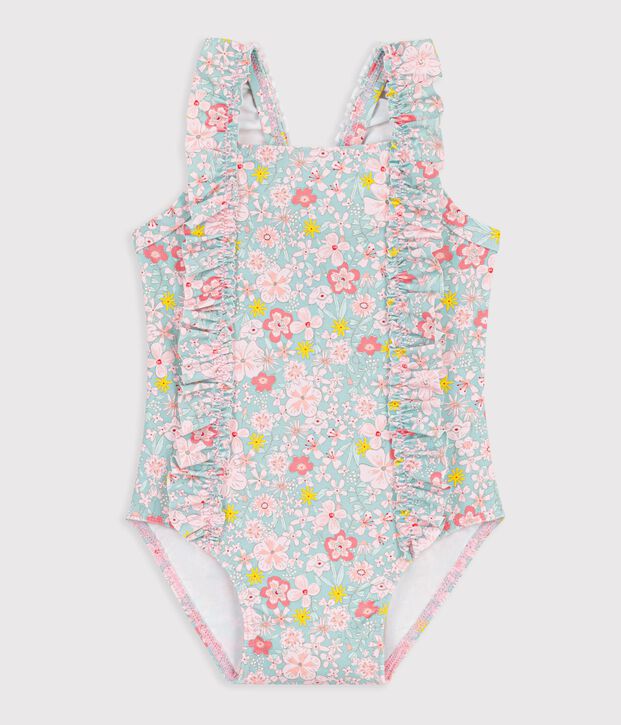 Maillot de bain b&eacute;b&eacute; une pi&egrave;ce &agrave; volants, imprim&eacute; fleurs bleu/multicouleur
