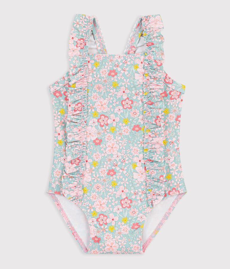 Maillot de bain b&eacute;b&eacute; une pi&egrave;ce &agrave; volants, imprim&eacute; fleurs bleu/multicouleur