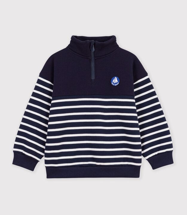 Sweatshirt col camionneur enfant en coton &agrave; rayures bleu/blanc