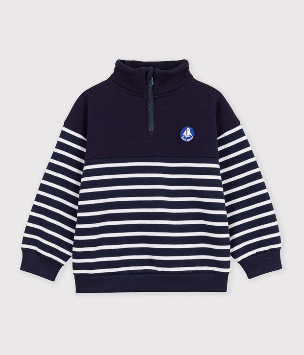 Sweatshirt col camionneur enfant en coton &agrave; rayures bleu/blanc