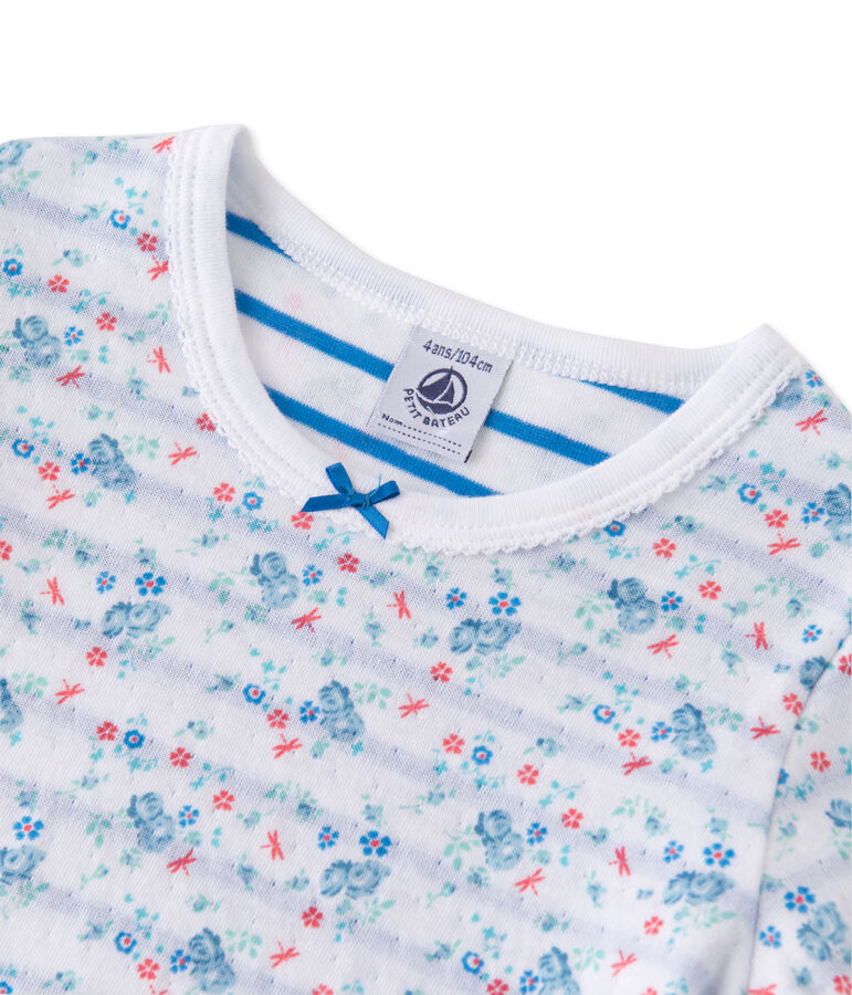 Pyjama fille en tubique r&eacute;versible blanc ECUME/bleu BLEU/ MULTICO