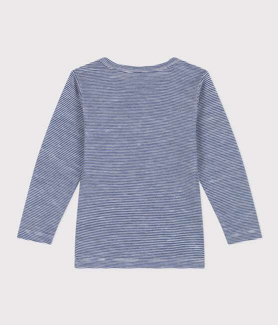 Tee shirt manches longues rayé en laine et coton enfant bleu MEDIEVAL/blanc MARSHMALLOW