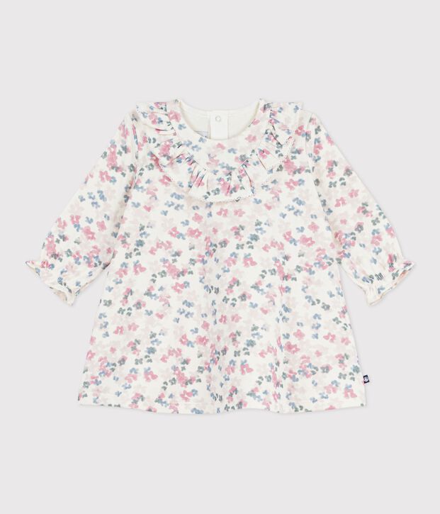 Robe b&eacute;b&eacute; en coton manches longues imprim&eacute;e fleurs &eacute;cru/multicouleur