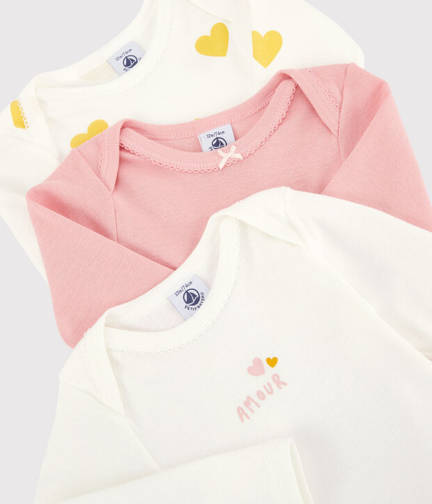 Lot de 3 bodies manches longues b&eacute;b&eacute; fille en coton biologique multicouleur