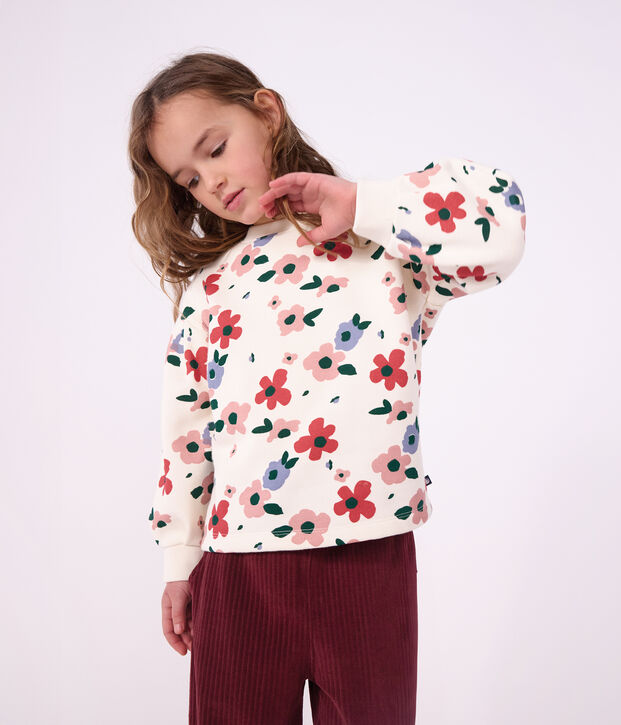 Sweatshirt enfant en coton imprim&eacute; fleurs &eacute;cru/multicouleur