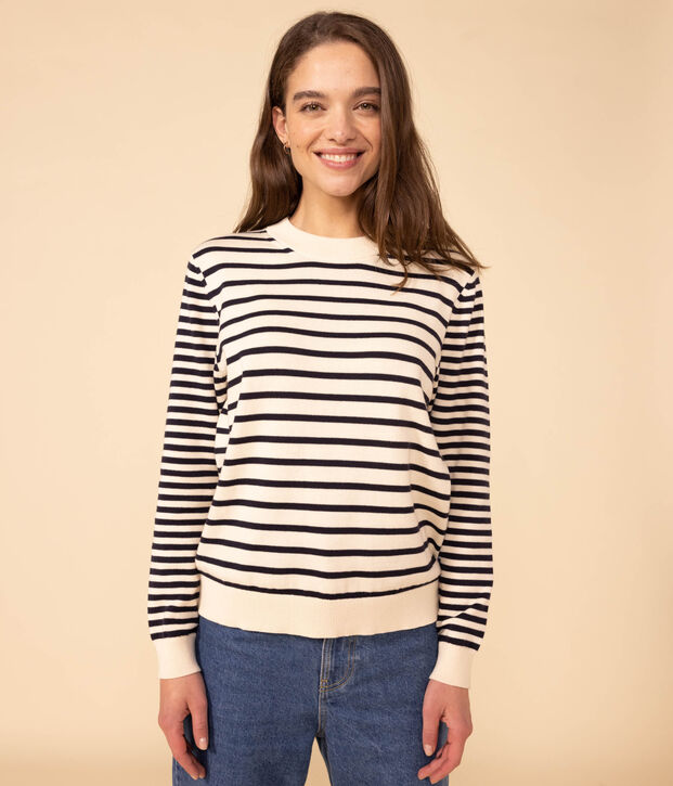 Pull en coton marini&egrave;re Femme &eacute;cru/bleu