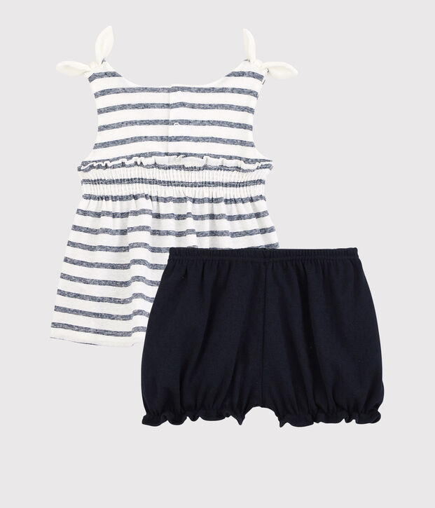 Ensemble blouse + bloomer en coton/lin b&eacute;b&eacute; fille blanc/bleu