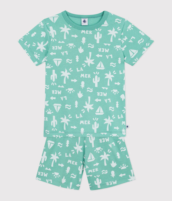 Pyjama short enfant en coton imprimé vert ALOEVERA/blanc MARSHMALLOW