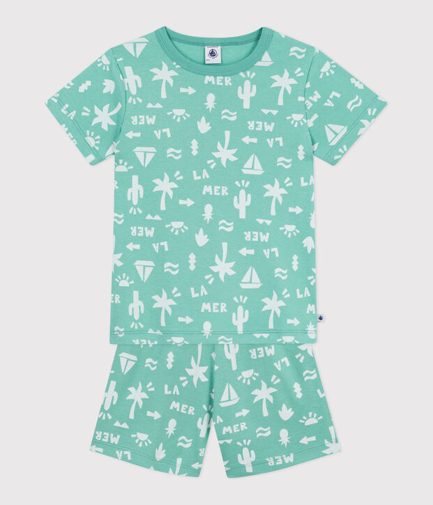 Pyjama short enfant en coton imprim&eacute; vert/blanc