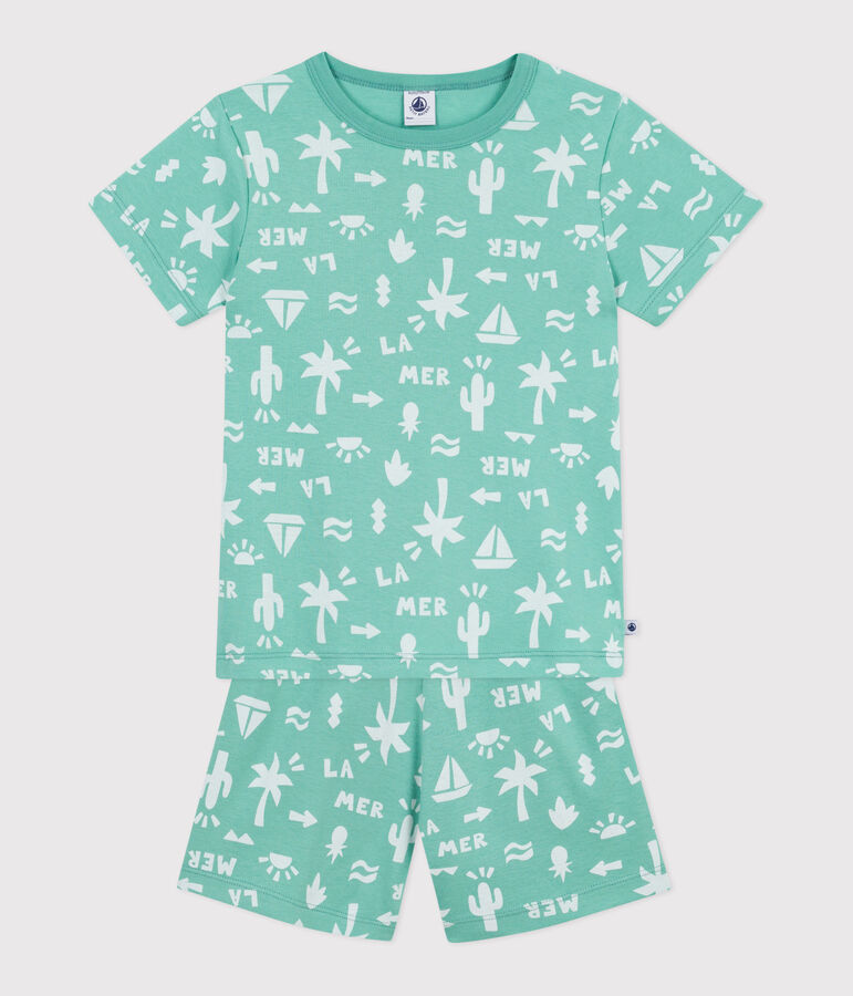 Pyjama short enfant en coton imprim&eacute; vert ALOEVERA/blanc MARSHMALLOW