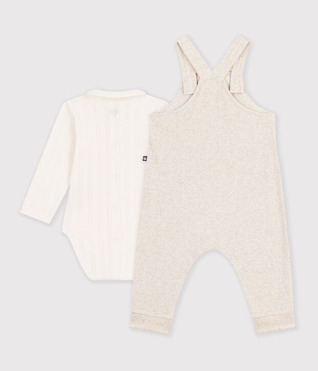 Ensemble salopette et body b&eacute;b&eacute; en coton avec col uni &eacute;cru/&eacute;cru