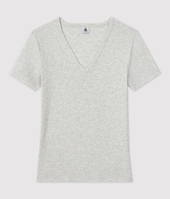 Tee-shirt L'ICONIQUE col V en coton bio Femme gris BELUGA CHINE