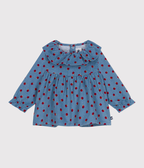 Blouse bébé en velours manches longues imprimé pommes bleu ADRIATIC/ MULTICO