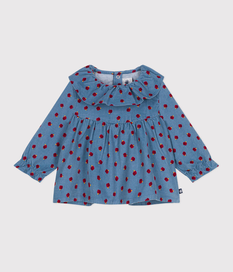 Blouse b&eacute;b&eacute; en velours manches longues imprim&eacute; pommes bleu ADRIATIC/ MULTICO