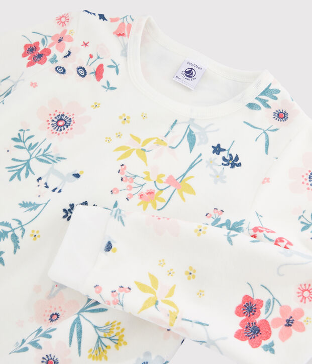 Pyjama &agrave; fleurs petite fille en velours blanc/multicouleur