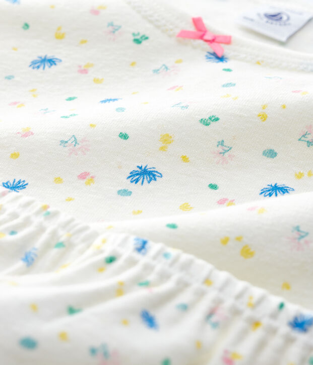 Pyjacourt &agrave; fleurs petite fille en coton et lin blanc/multicouleur