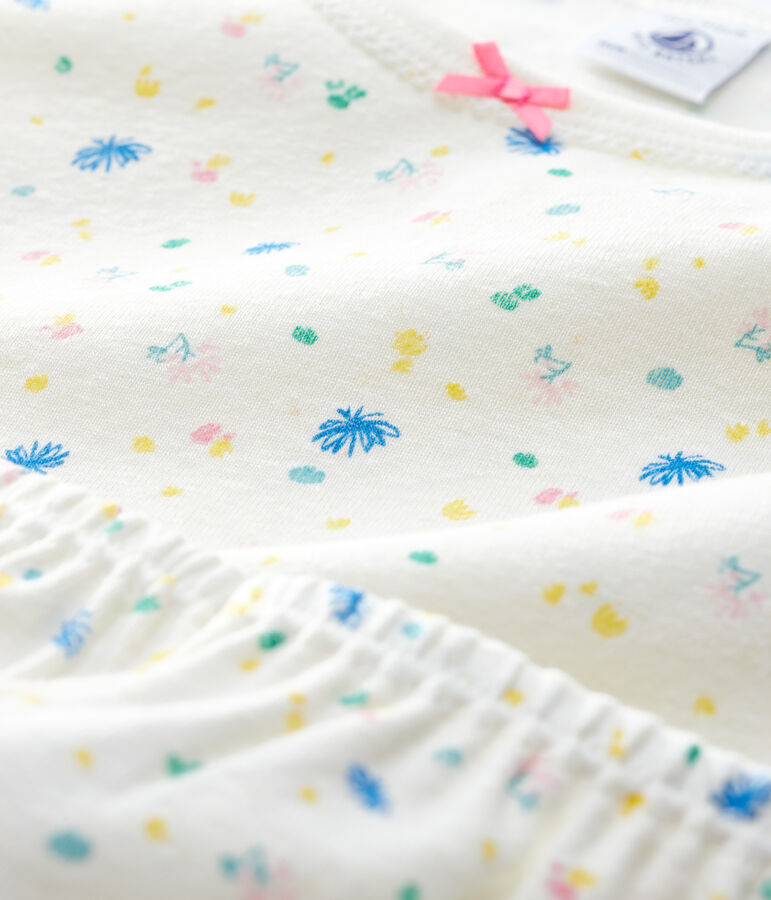 Pyjacourt &agrave; fleurs petite fille en coton et lin blanc MARSHMALLOW/blanc MULTICO