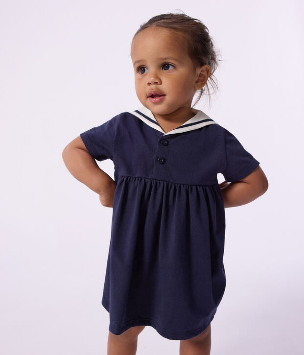 Robe b&eacute;b&eacute; en coton manches courtes, unie avec son col marin bleu marine