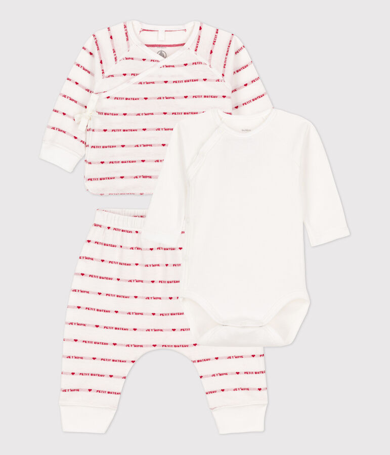 Ensemble 3 pi&egrave;ces jacquard en coton bio b&eacute;b&eacute; blanc MARSHMALLOW/rouge TERKUIT