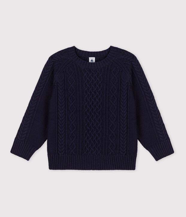 Pull irlandais en coton enfant fille / gar&ccedil;on bleu marine