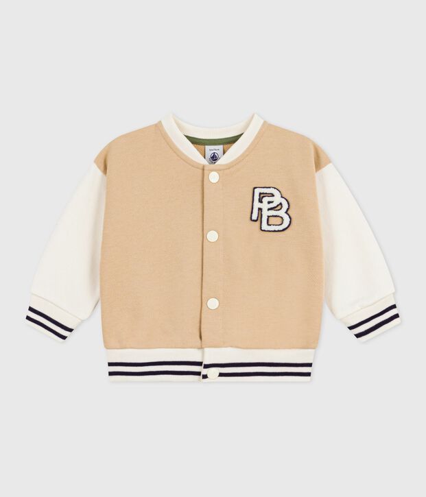 Veste teddy b&eacute;b&eacute; en coton colorblock et badge beige/&eacute;cru