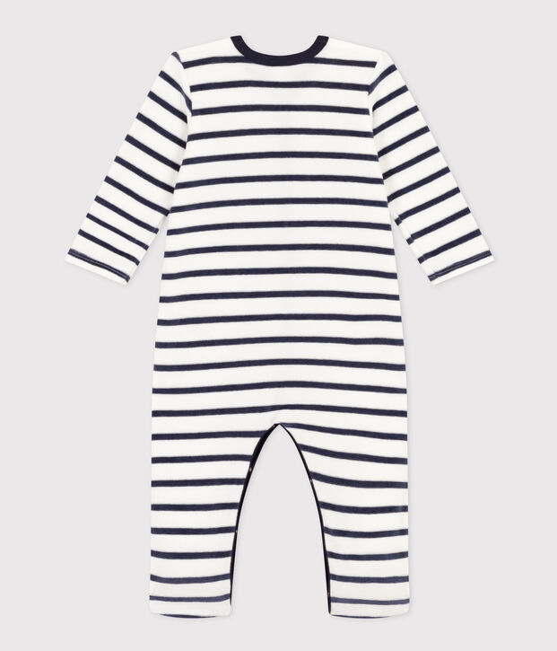 Pyjama b&eacute;b&eacute; ray&eacute; en velours blanc/bleu