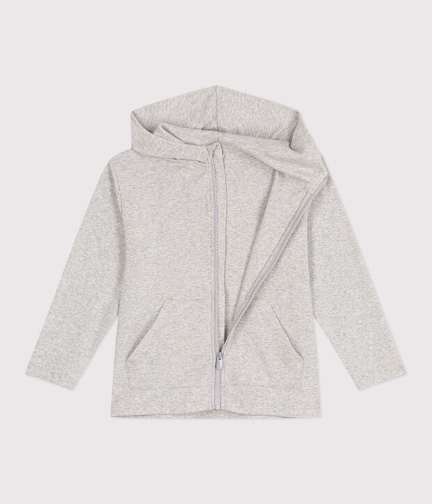 Sweatshirt zipp&eacute; &agrave; capuche enfant en coton uni gris chin&eacute; clair