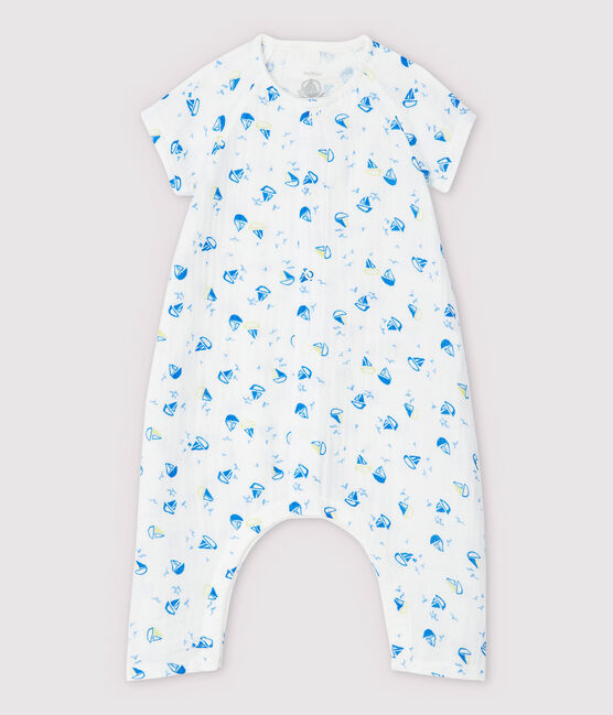 Combinaison longue bateau bébé en tissu couche en coton biologique blanc MARSHMALLOW/blanc MULTICO