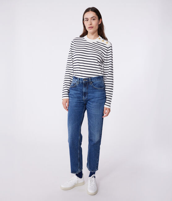 Pull marin femme en coton à rayures blanc MARSHMALLOW/bleu SMOKING
